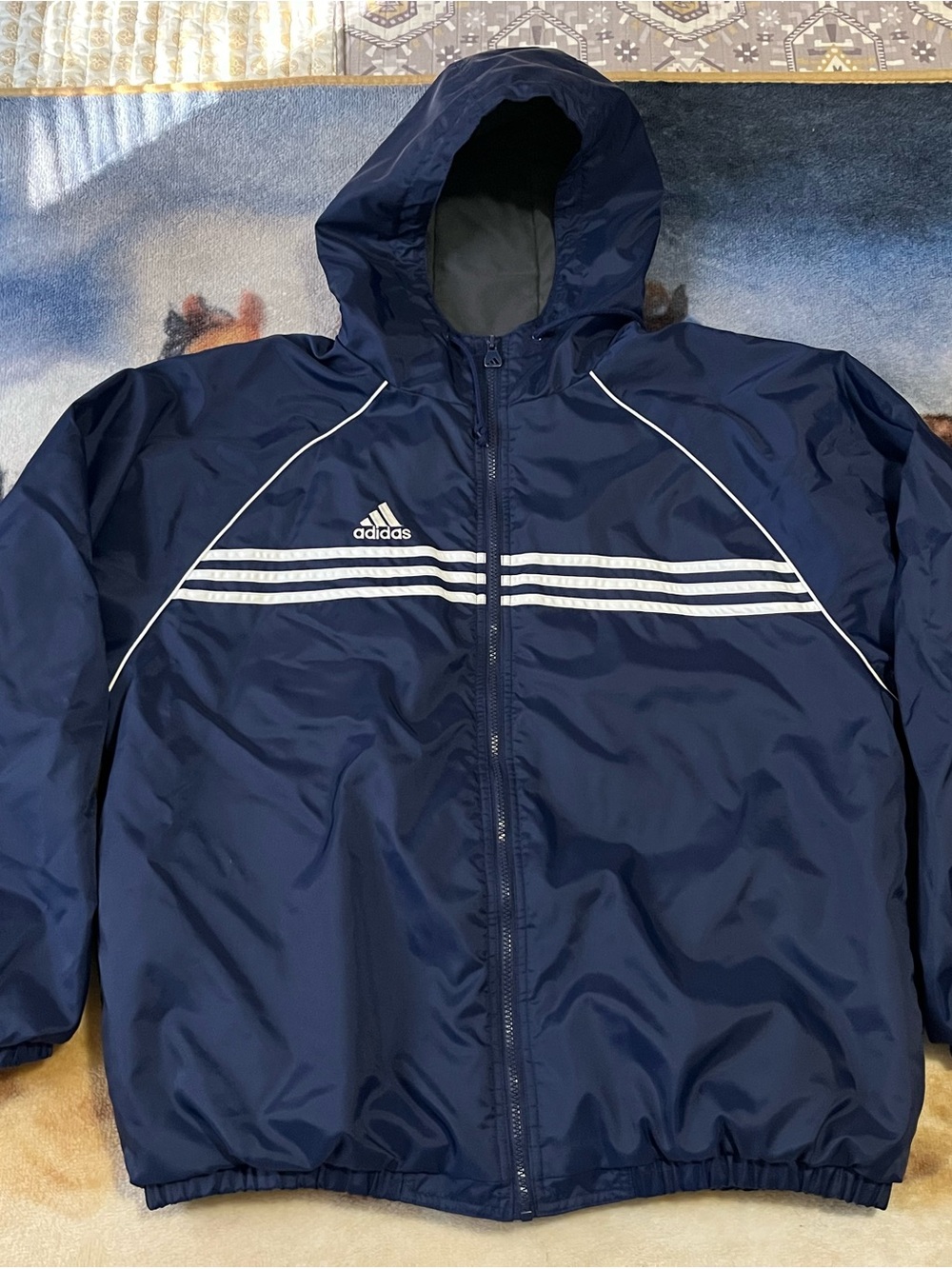 VINTAGE Adidas Jacket Mens L  Navy Hooded Full Zip Fleece Lined 3-Stripes  90s